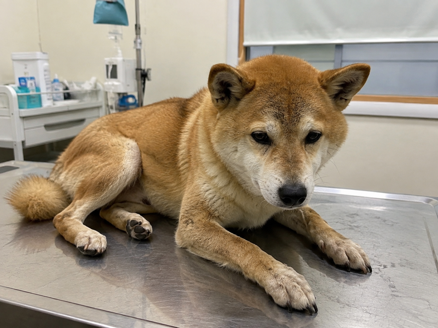 Max the Shiba Inu resting alert on a stainless steel examination table nine days after the procedure